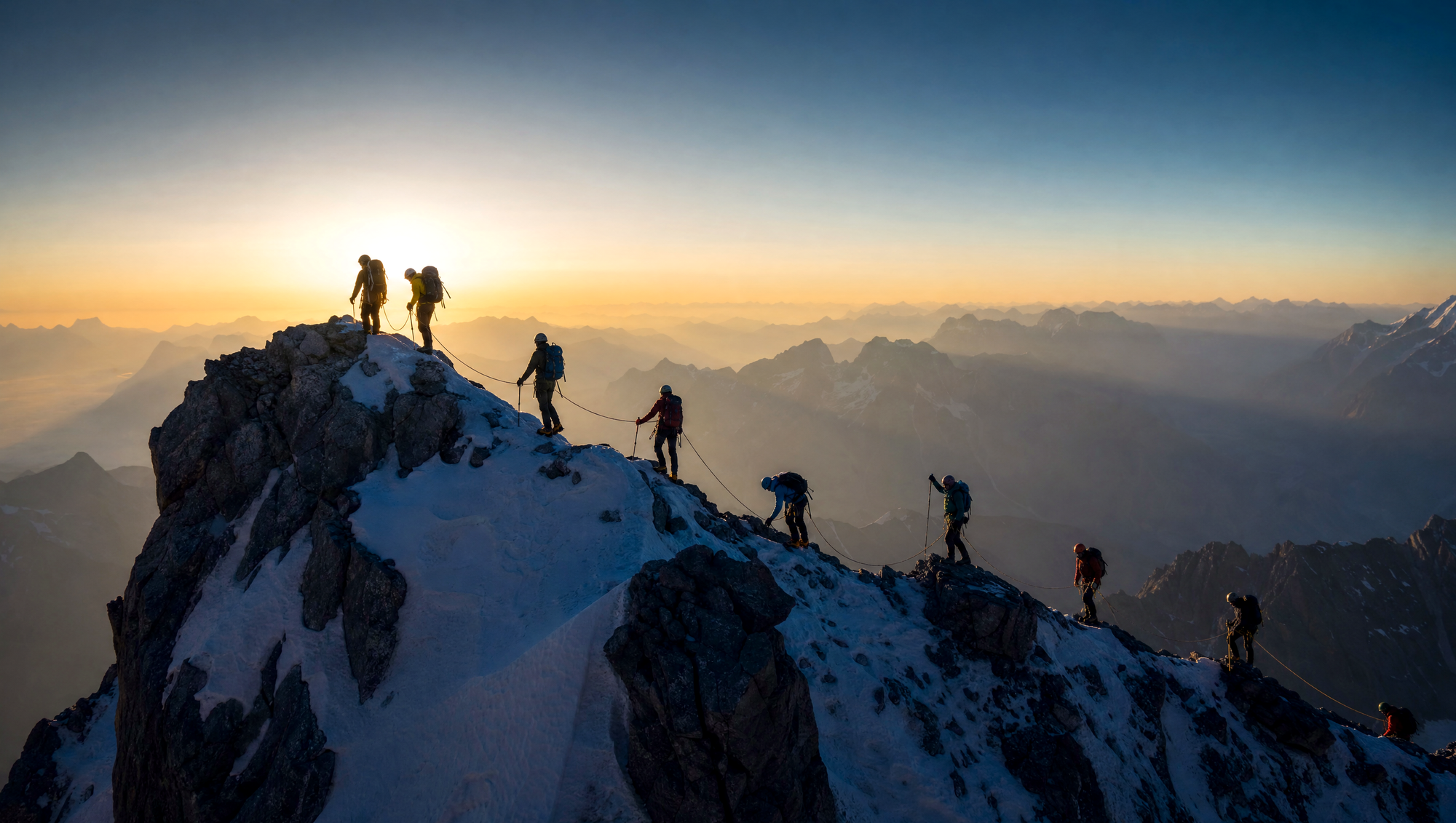 Mountaineering team on the same alpine ridge, different angle