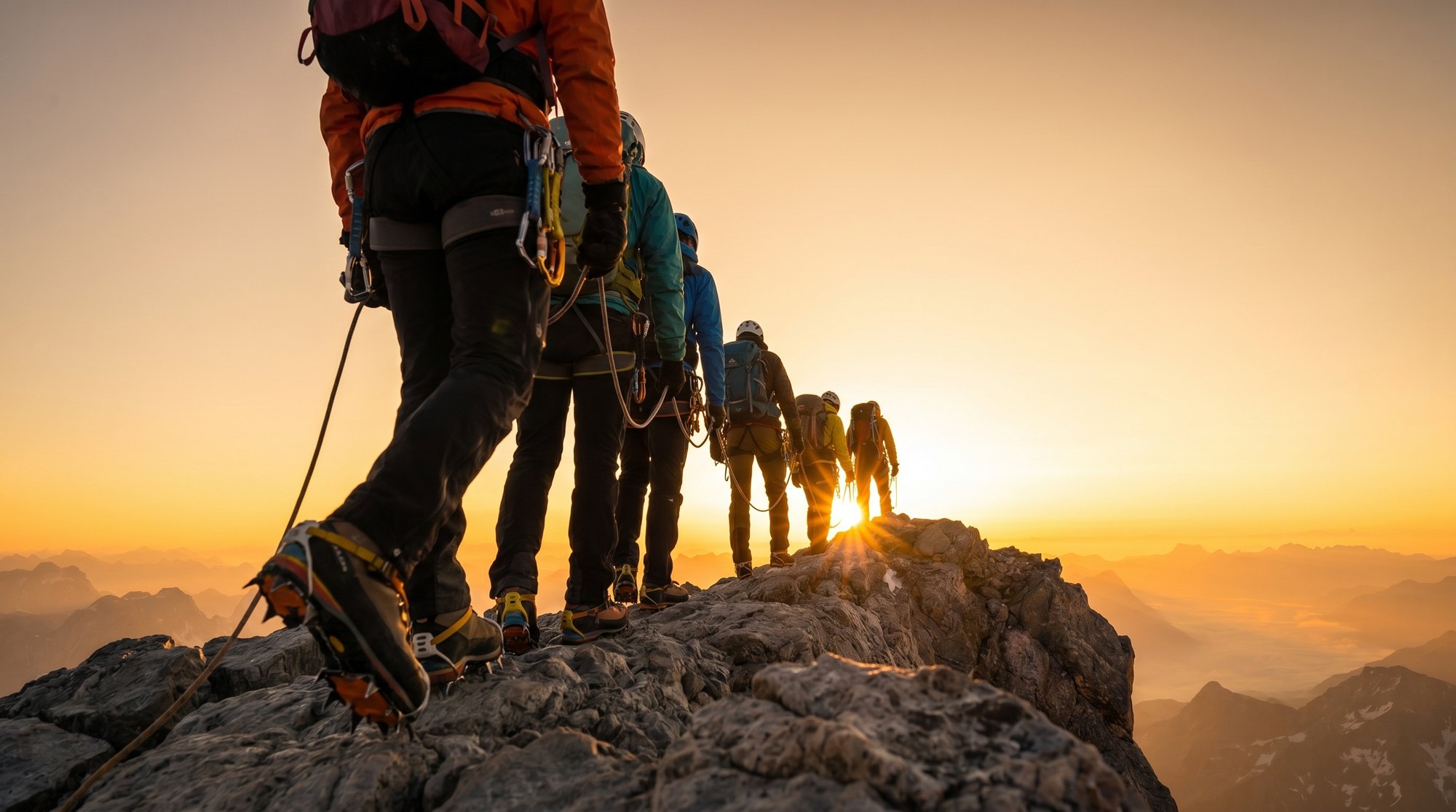 Low-angle view of a roped mountaineering team walking the ridge at sunrise